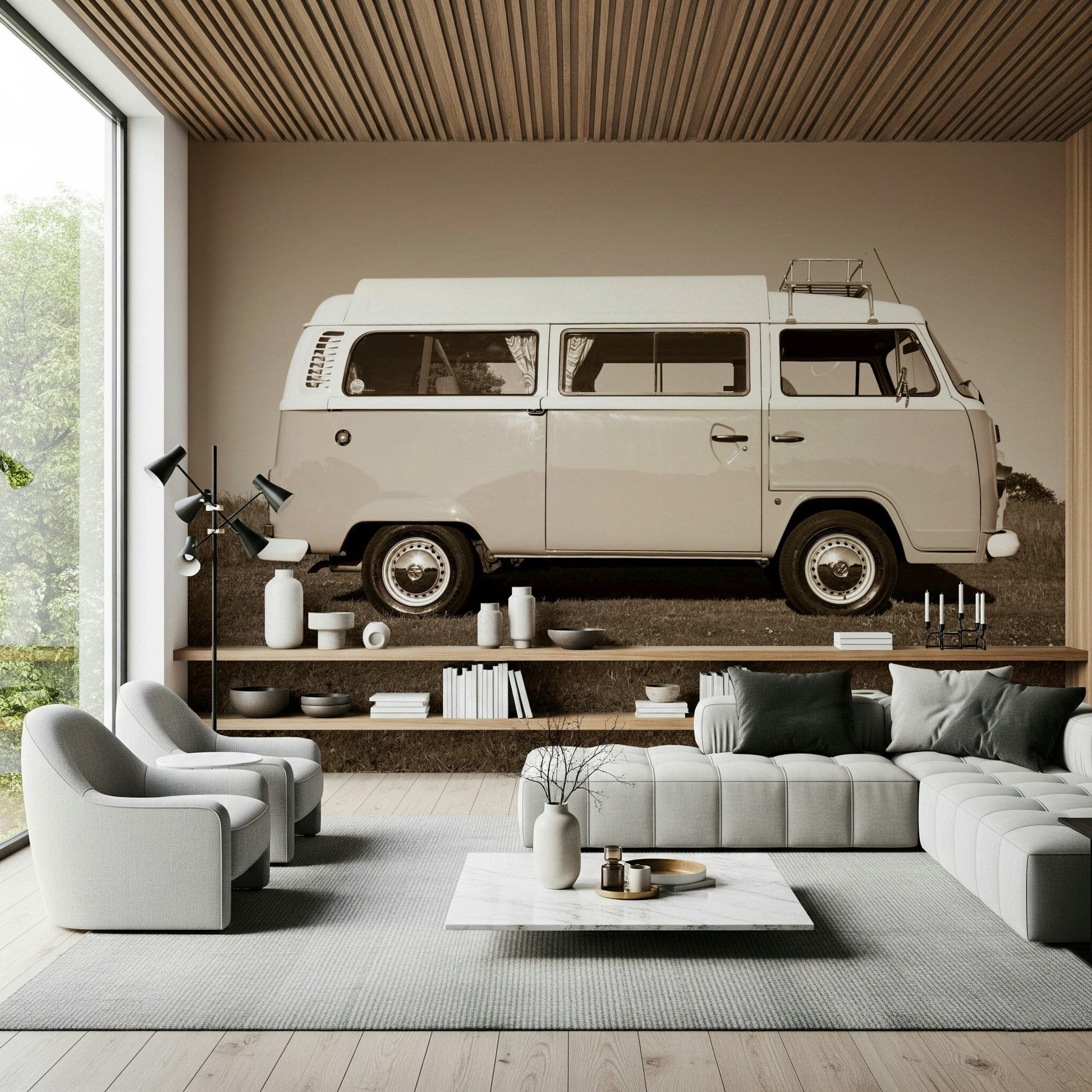 Automobile enthusiast wallpaper, cool Vintage Camper Van aesthetic mural.
