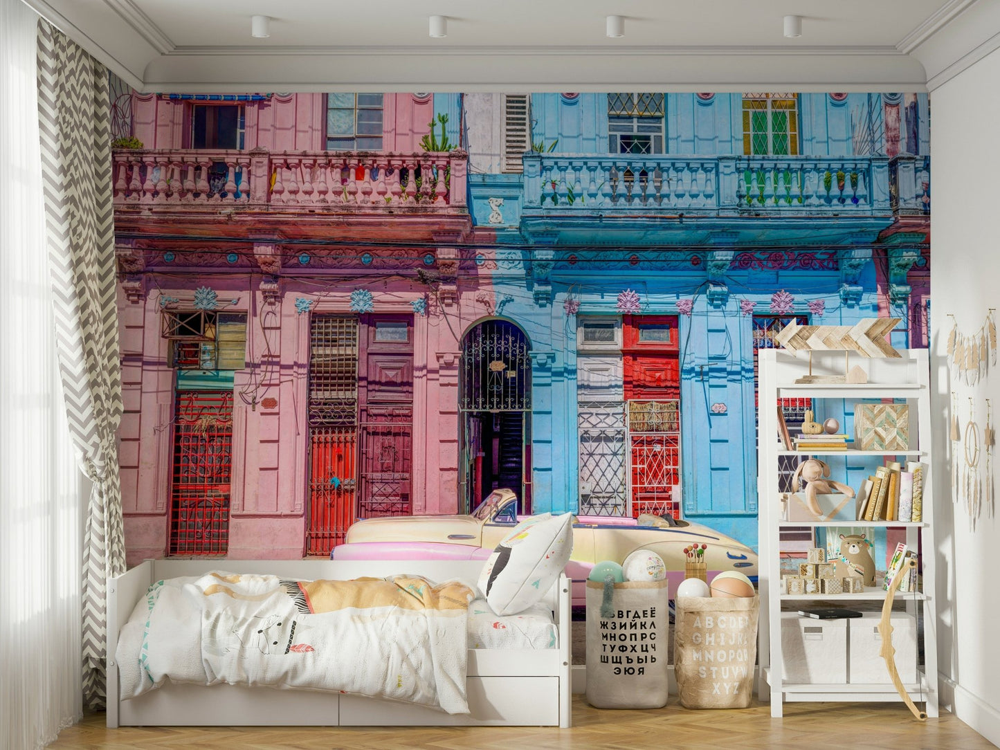 An energetic wall mural with a view of a street in Havana, Cuba.

