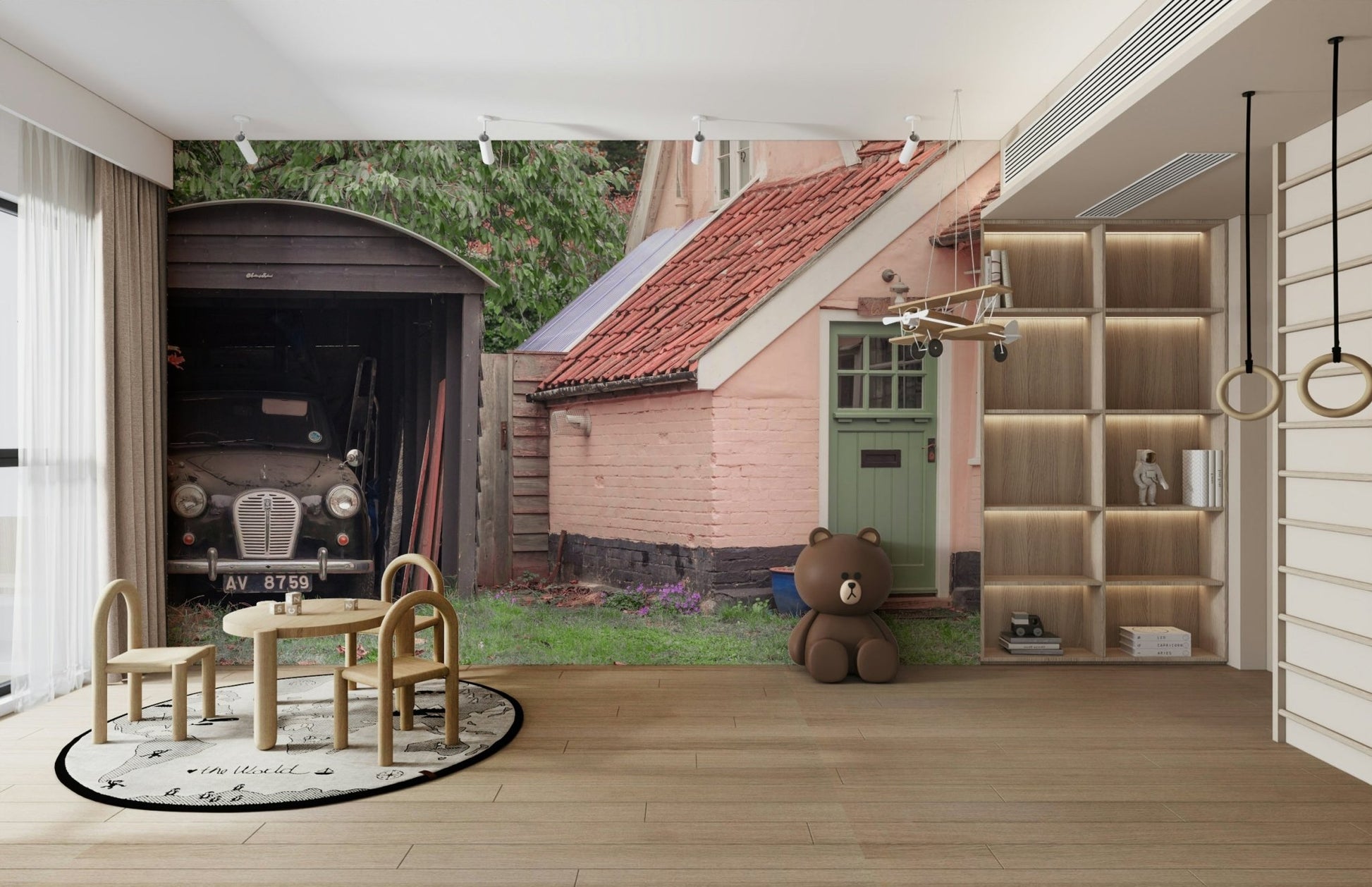 A beautiful rustic scene wall mural for a living room.

