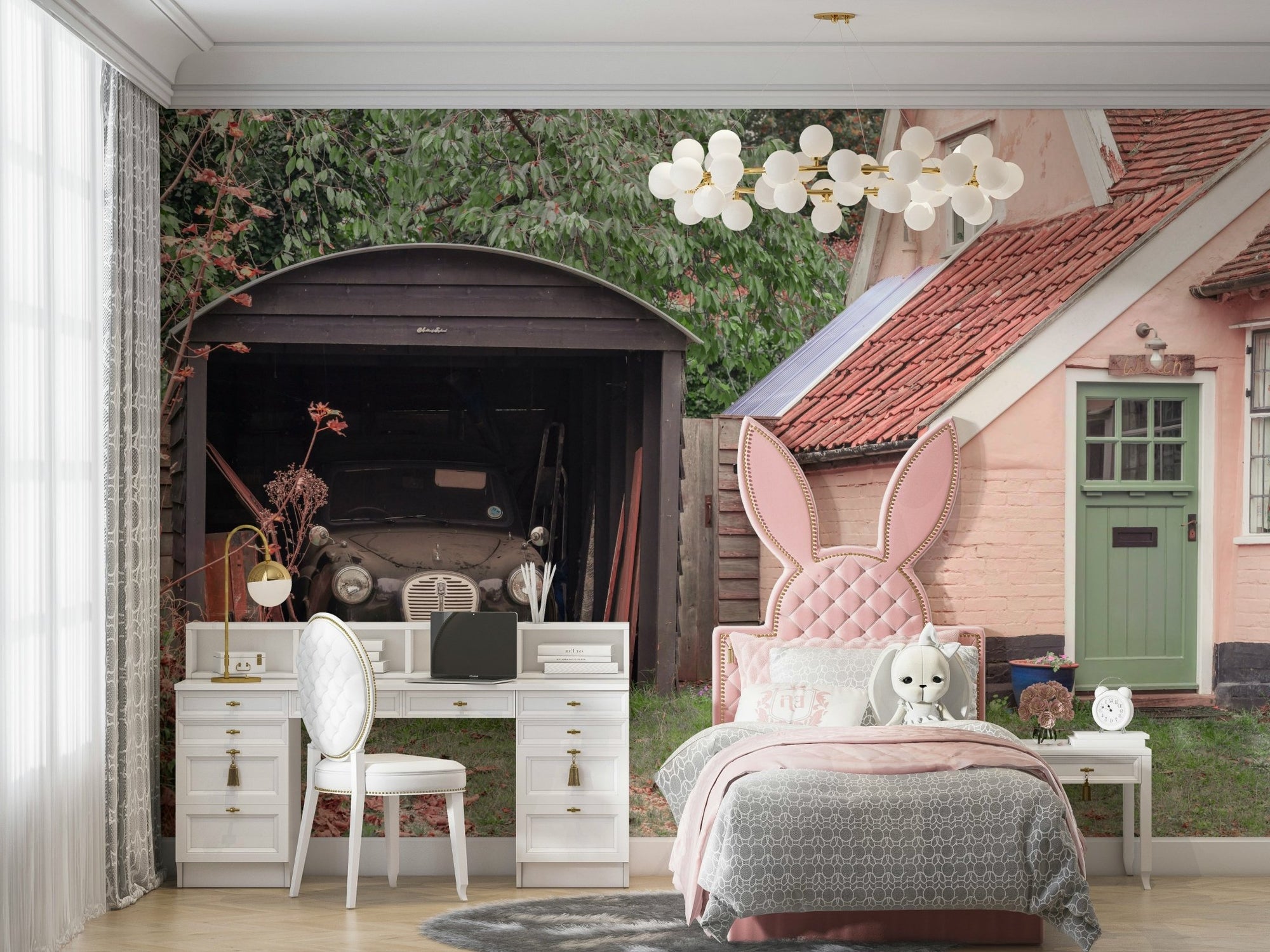 A beautiful vintage car wallpaper mural parked in a rustic garage., GD5133