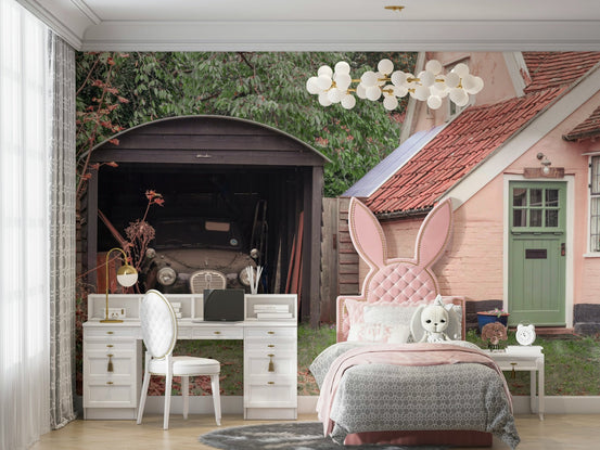 A beautiful vintage car wallpaper mural parked in a rustic garage., GD5133