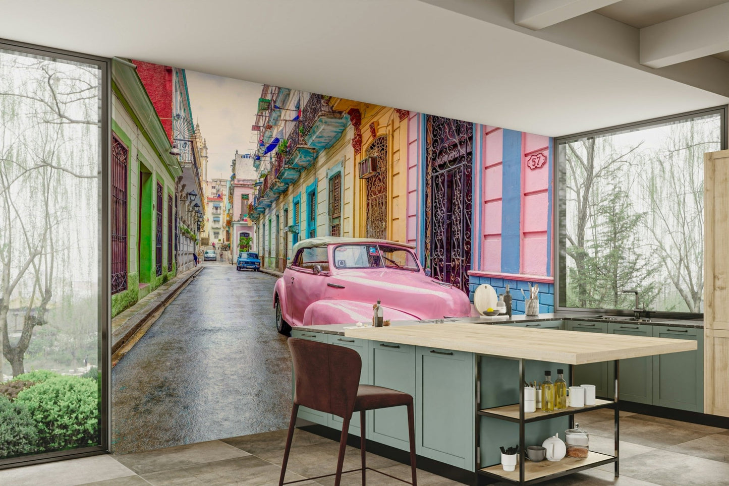 Rustic Cuban mural showing retro car and old buildings.

