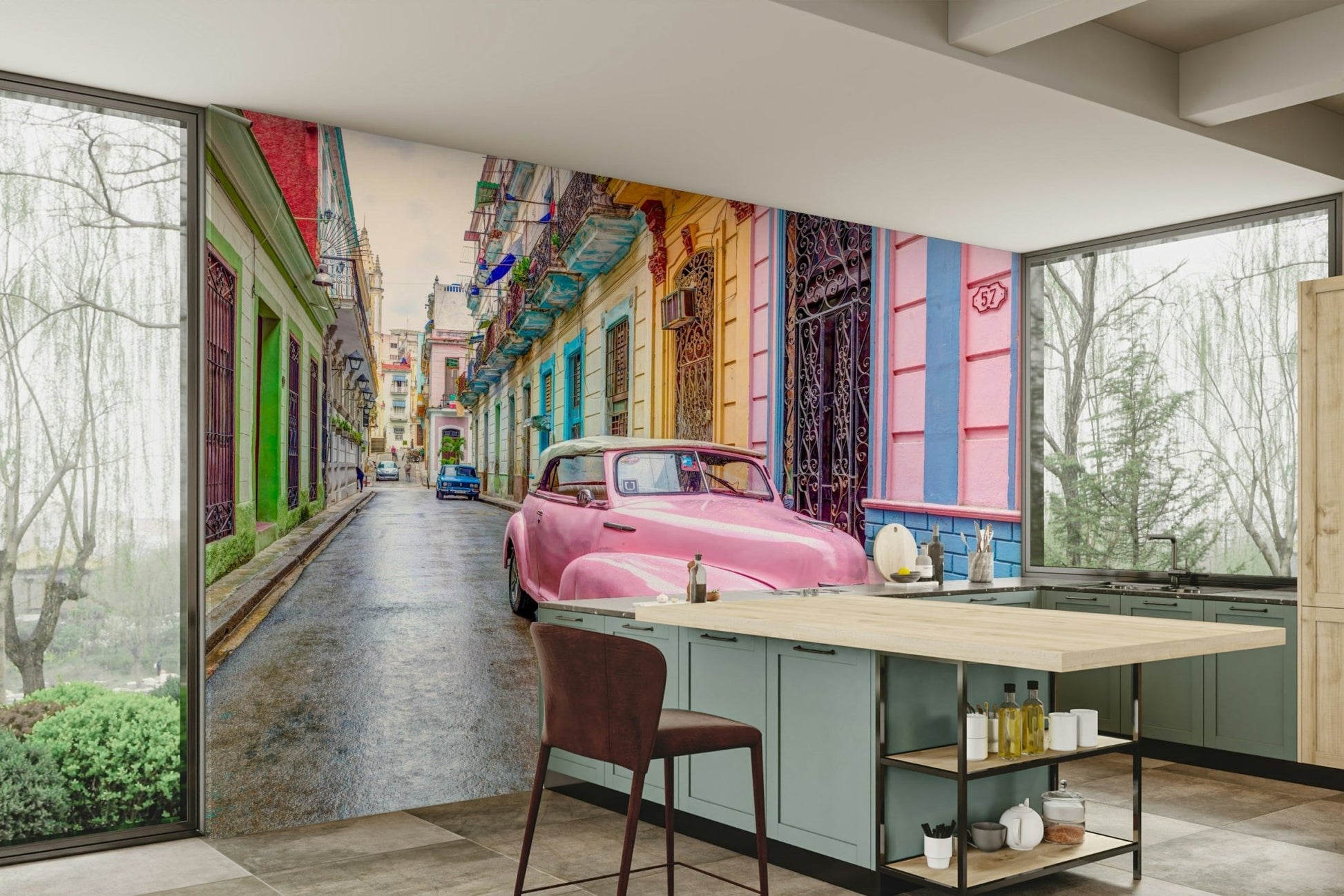 Rustic Cuban mural showing retro car and old buildings.

