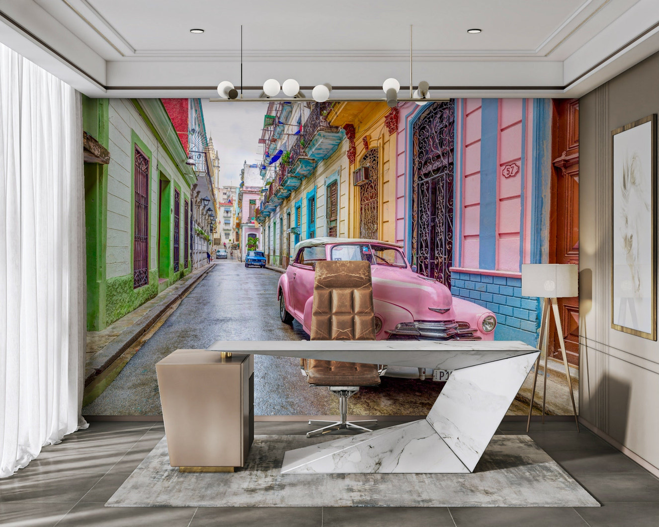Classic vintage car parked on a Havana street mural.


