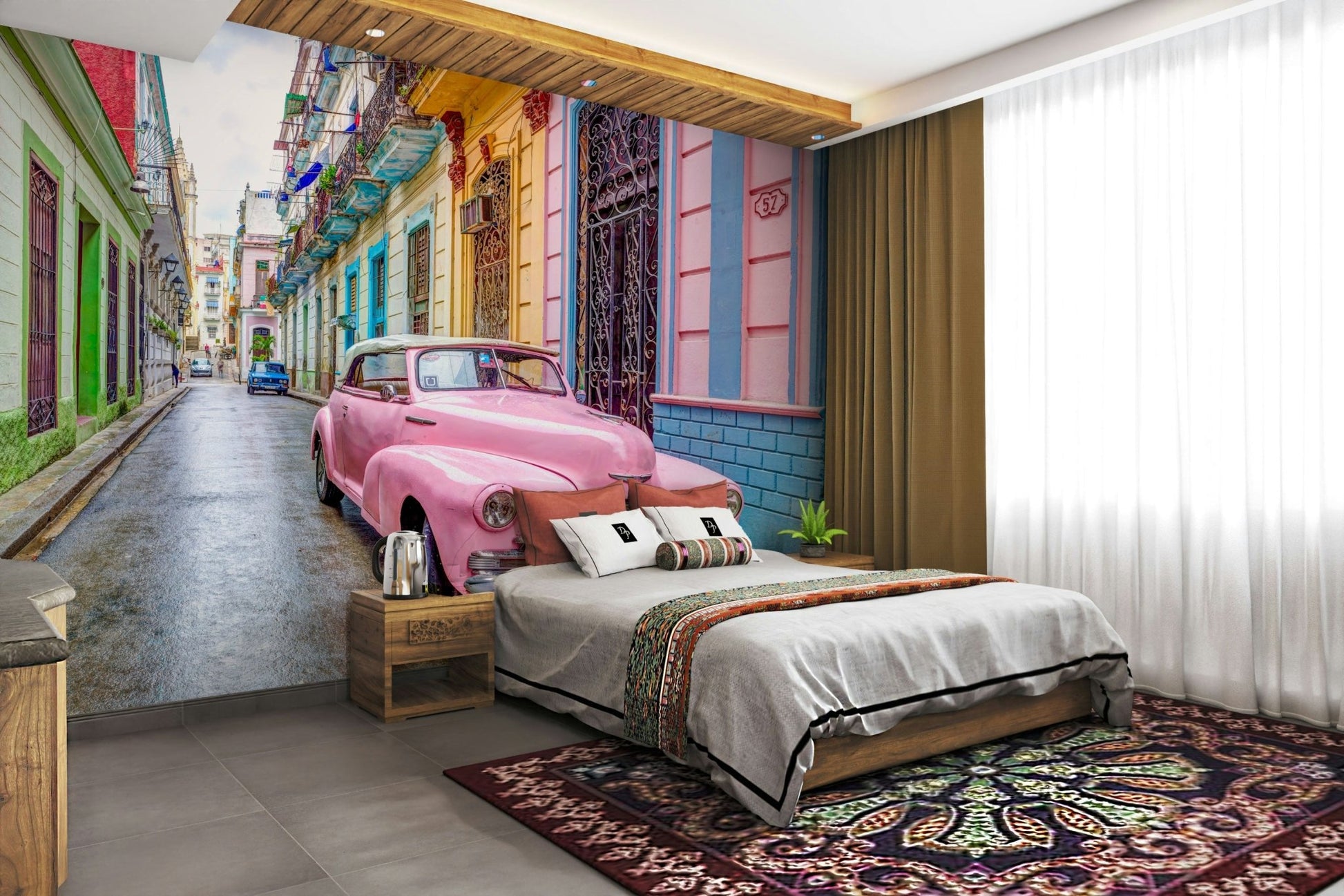 Mural of vintage Havana cityscape with classic vehicle.

