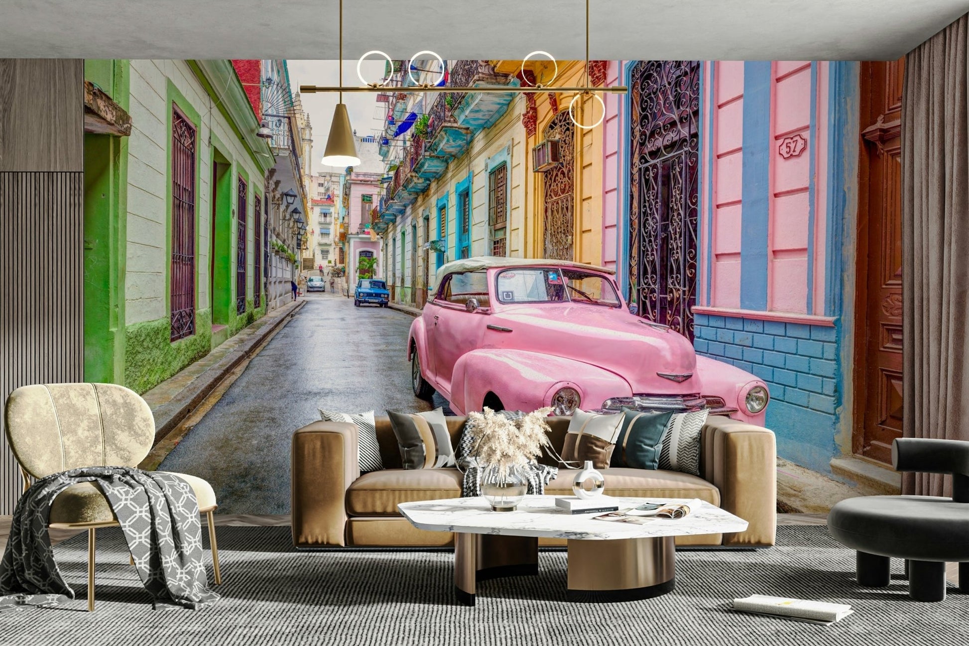 Wall mural of retro car in colorful Havana, Cuba.

