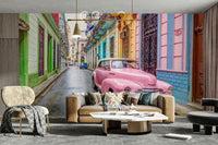 Wall mural of retro car in colorful Havana, Cuba.

