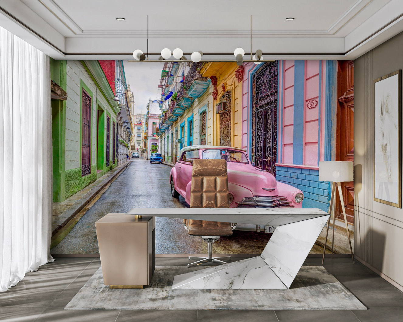 Classic vintage car parked on a Havana street mural.

