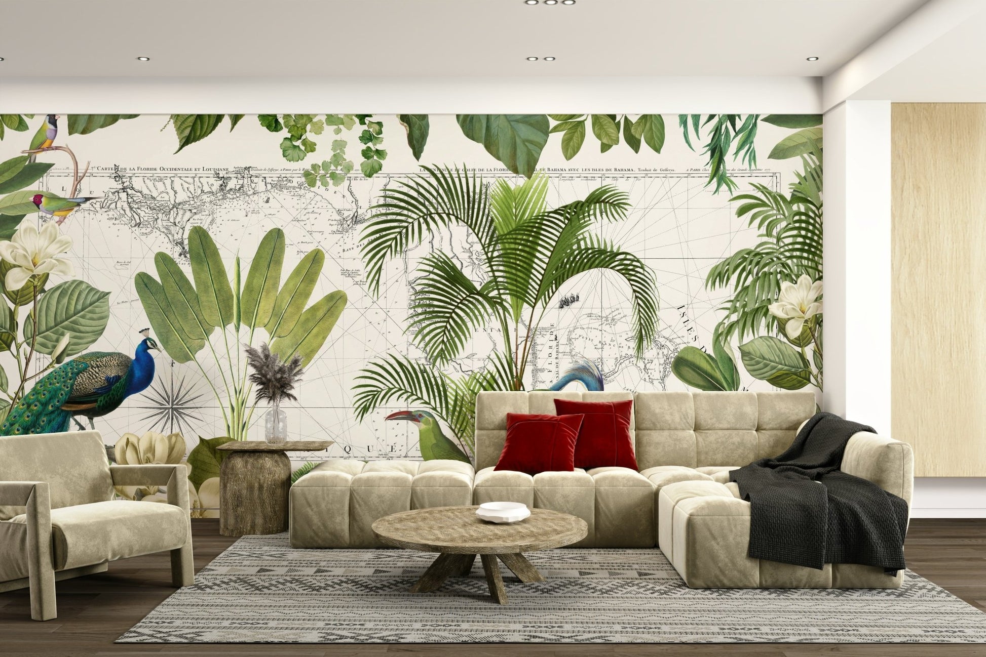 Old-world map wallpaper with lush foliage

