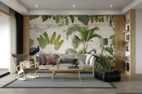 Botanical wall mural with historic map overlay

