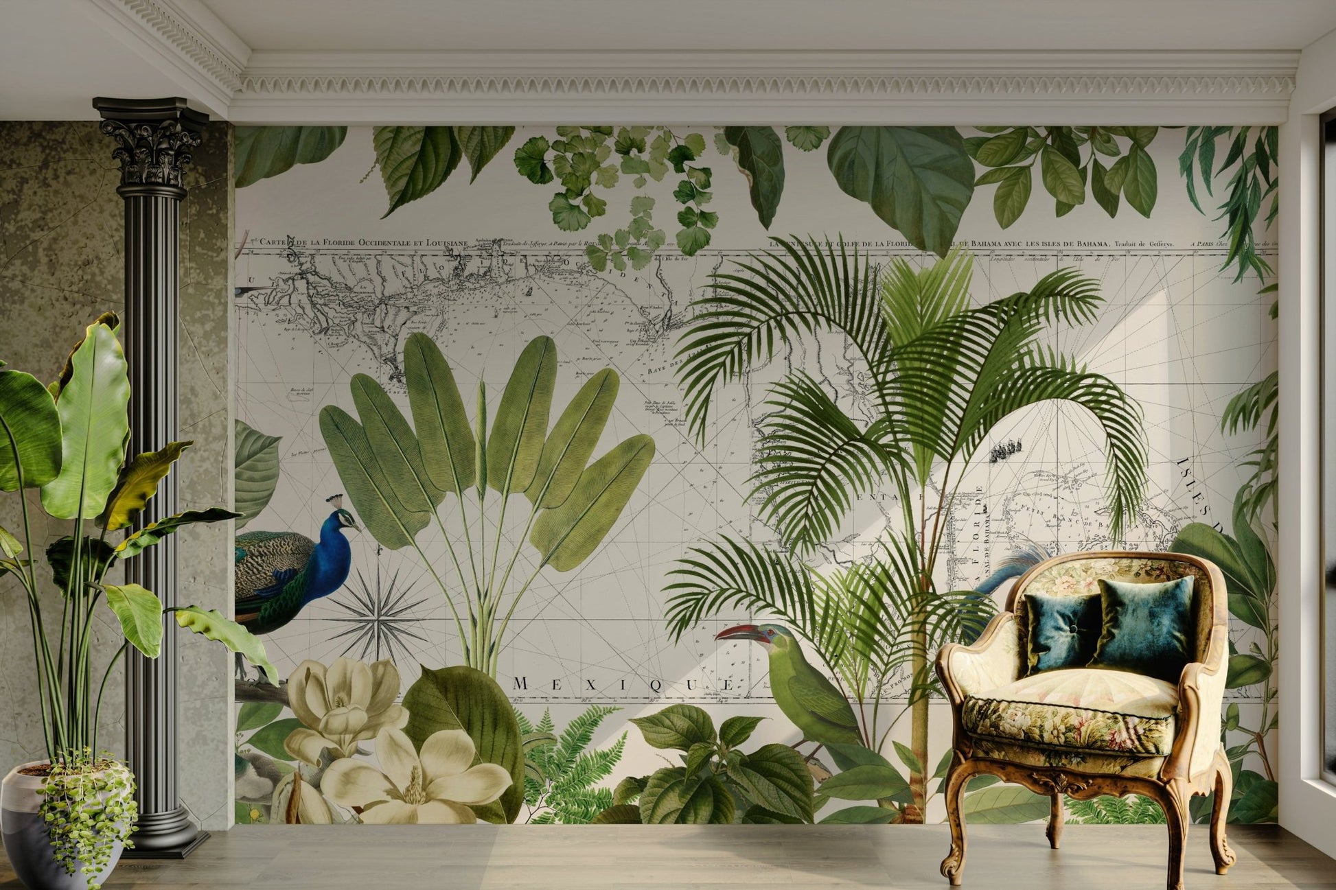 Wall mural with vintage charts and tropical birds

