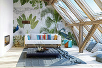 Exotic bird and palm mural in vintage style

