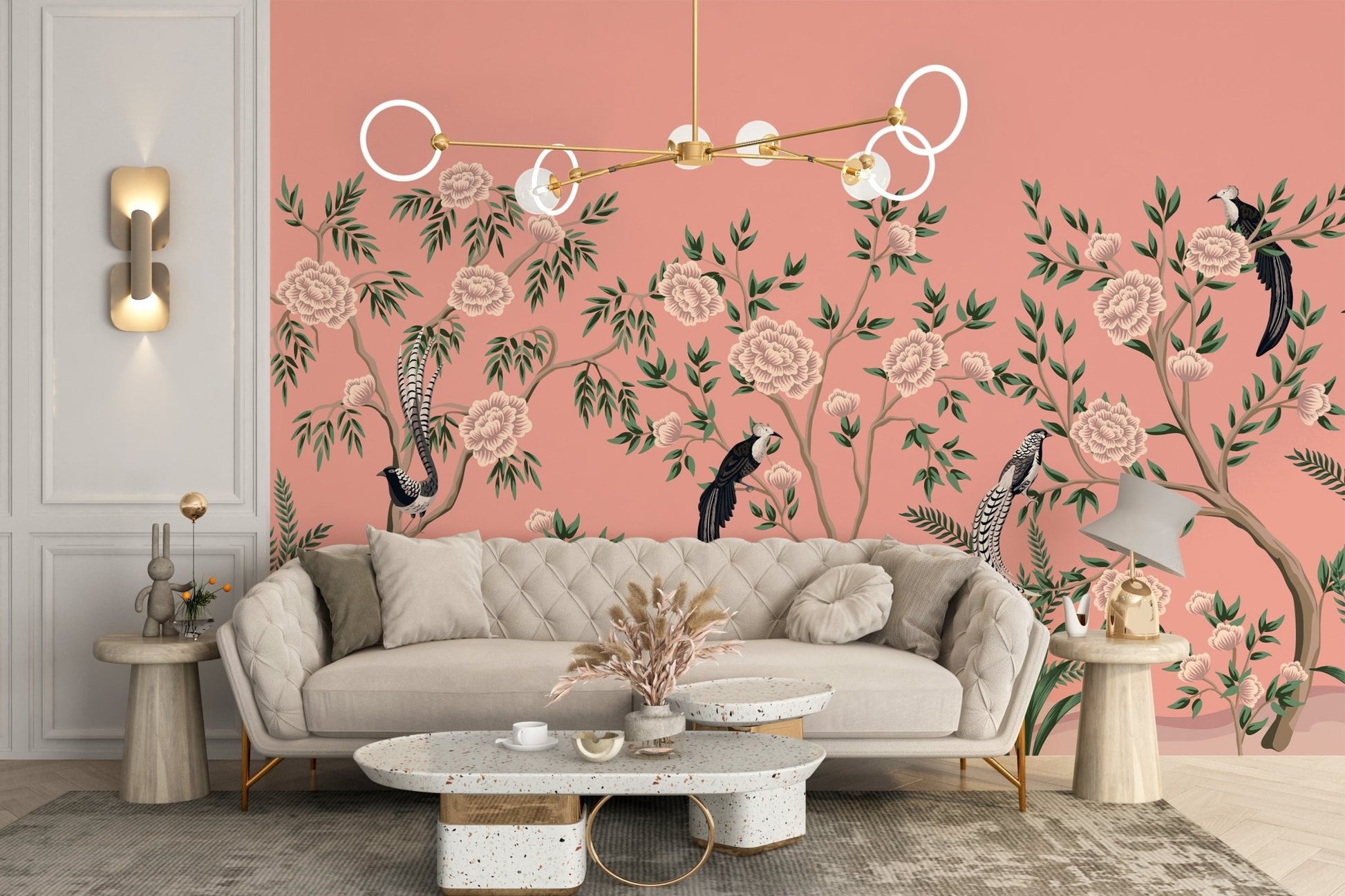 Elegant chinoiserie floral wallpaper featuring peach tones.