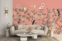 Elegant chinoiserie floral wallpaper featuring peach tones.