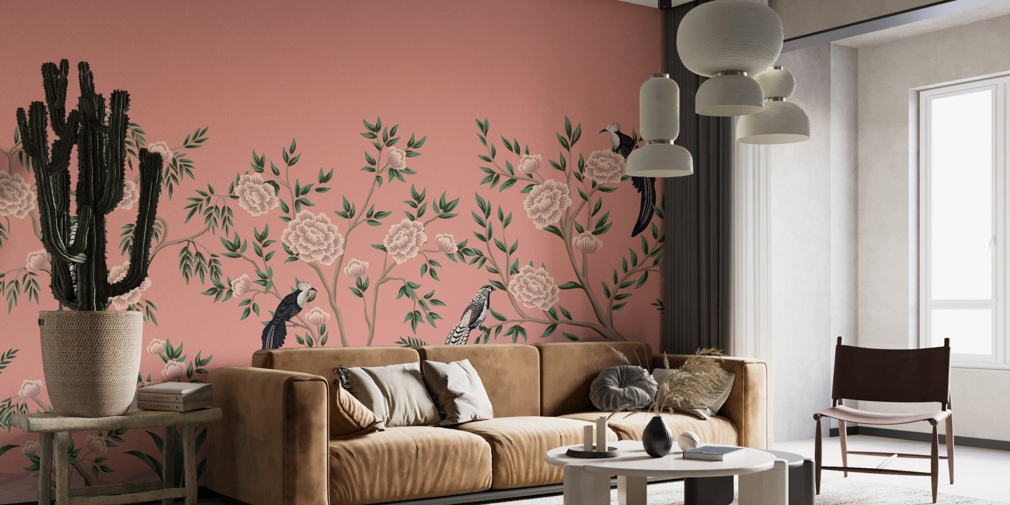 Vintage chinoiserie floral wallpaper mural with birds and roses. A804