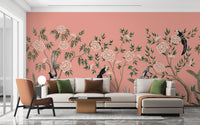 Asian-inspired chinoiserie wallpaper with flowers and birds.