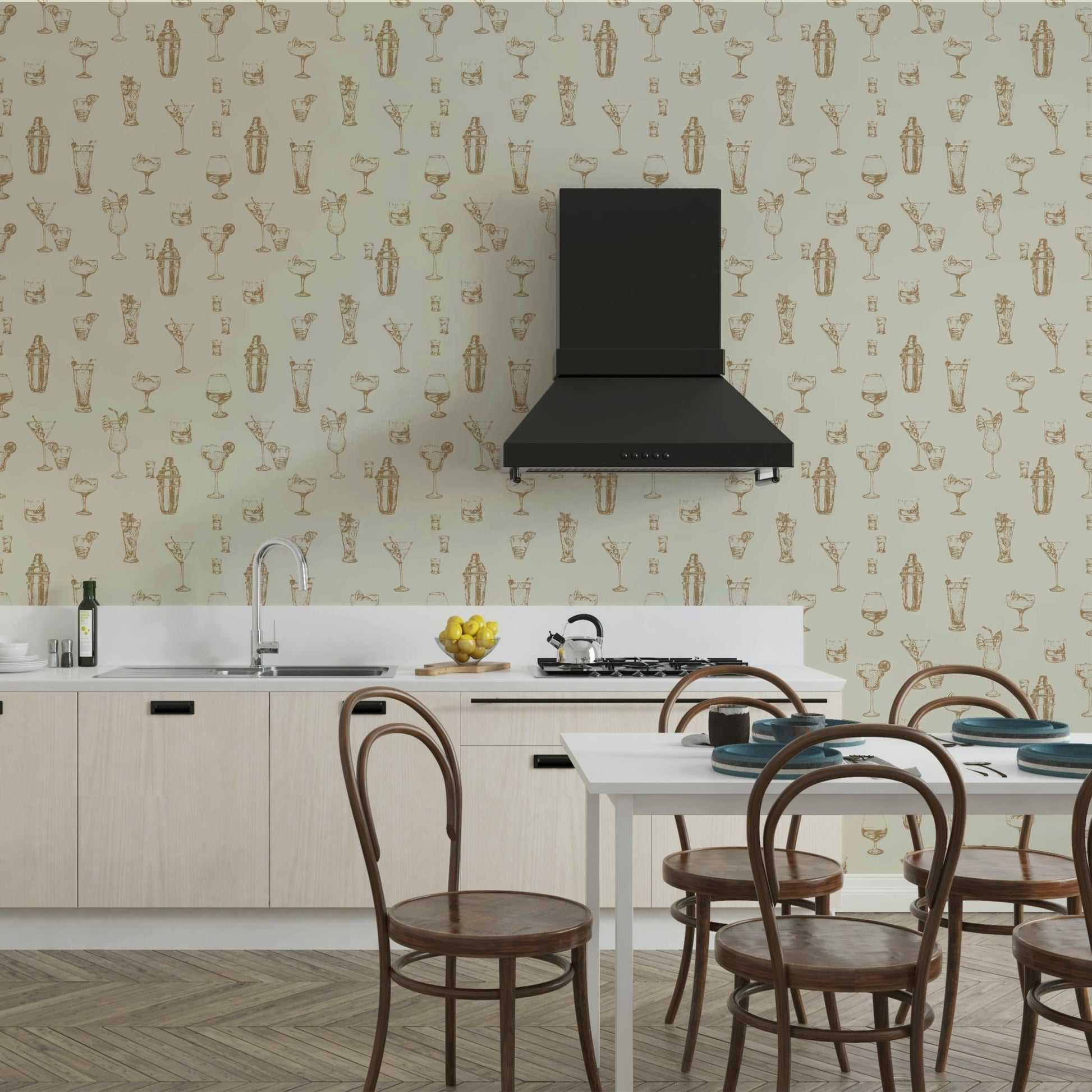 Mid-century modern bar wallpaper with cocktails

