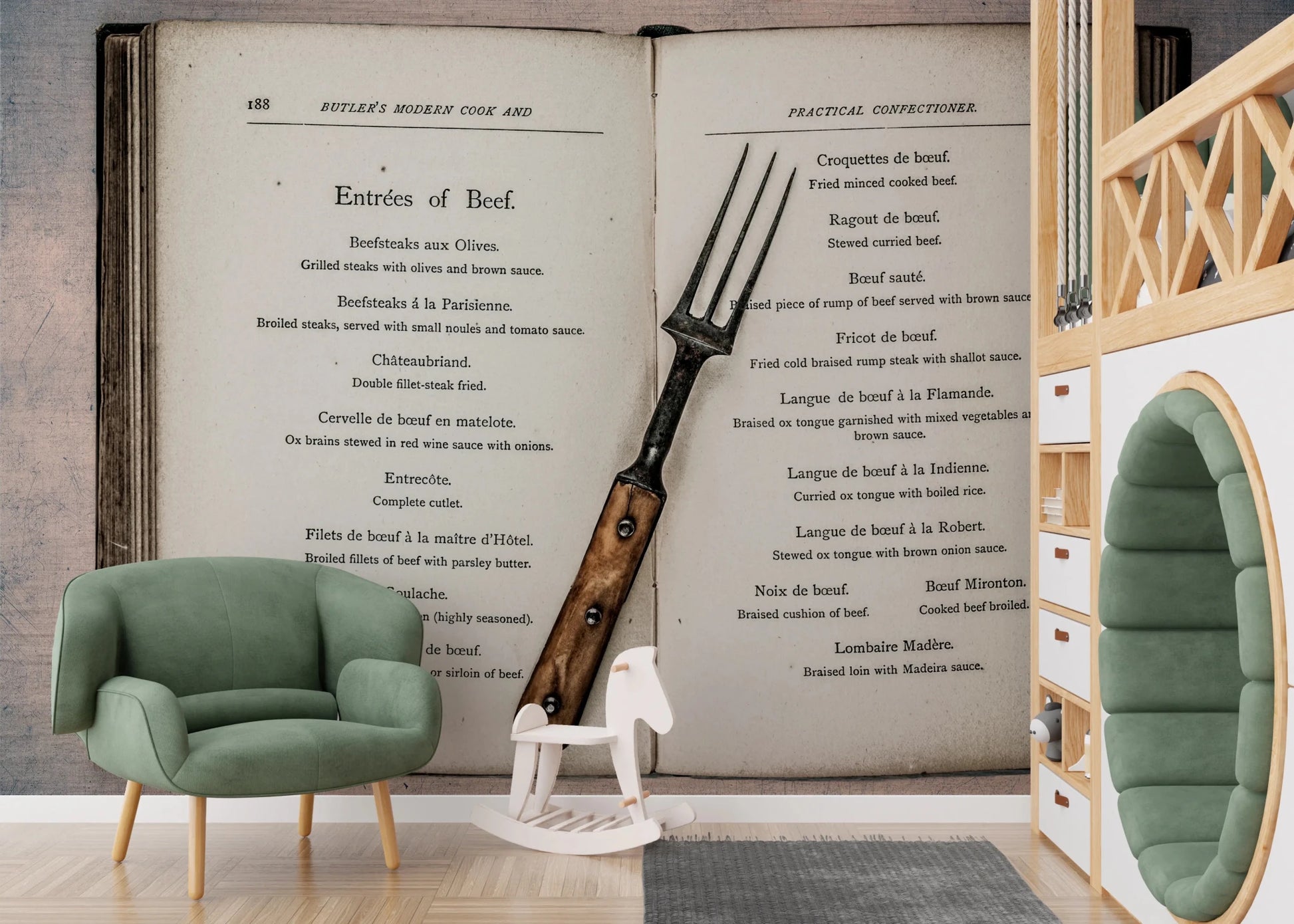 Vintage recipe wall mural with soft sepia cookbook style detail