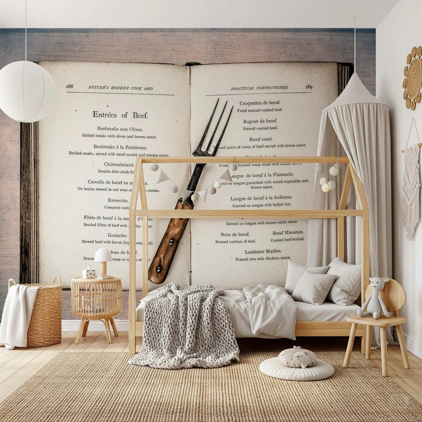 Kids room with Vintage Cookbook Wall Mural and vintage food sketch