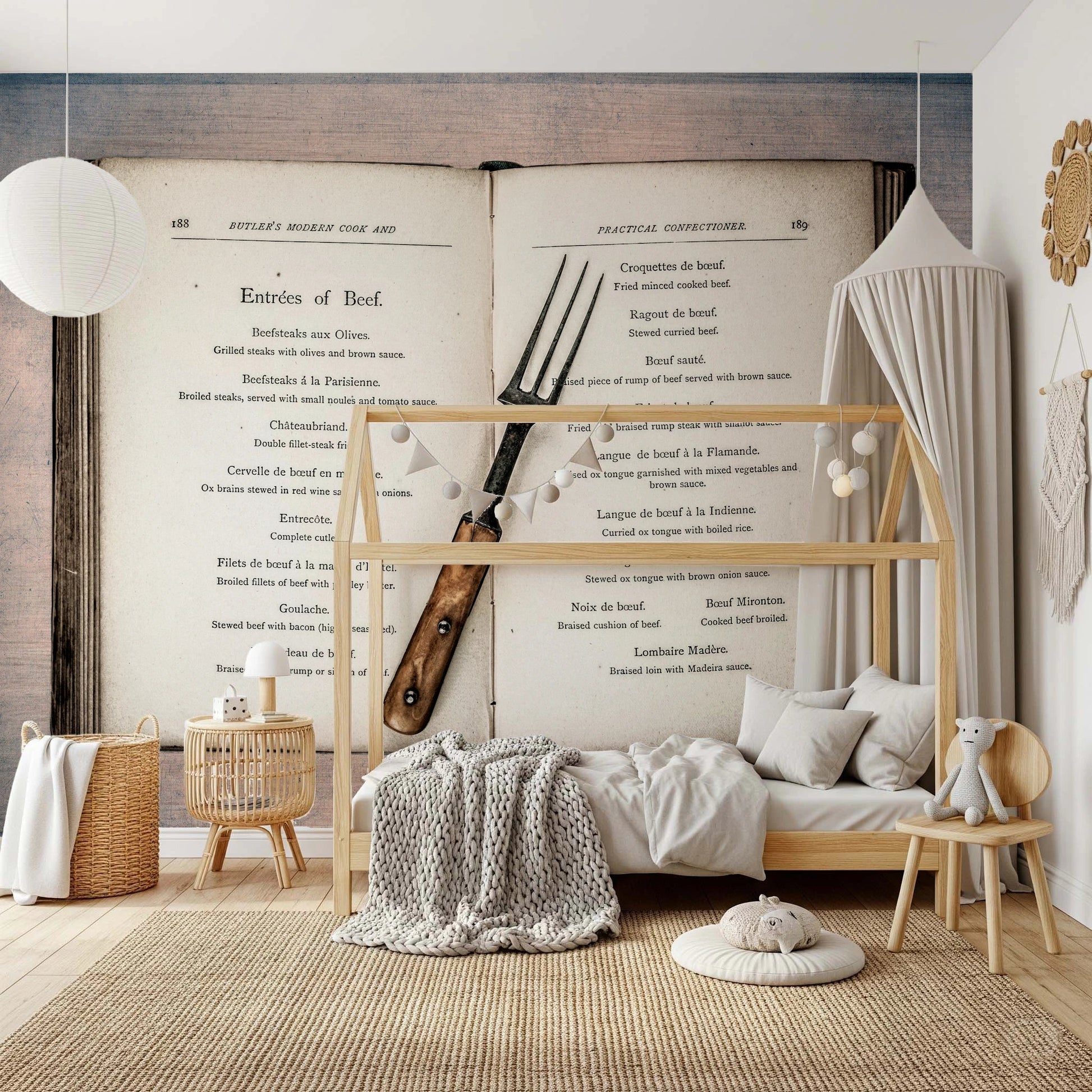 Kids room with Vintage Cookbook Wall Mural and vintage food sketch