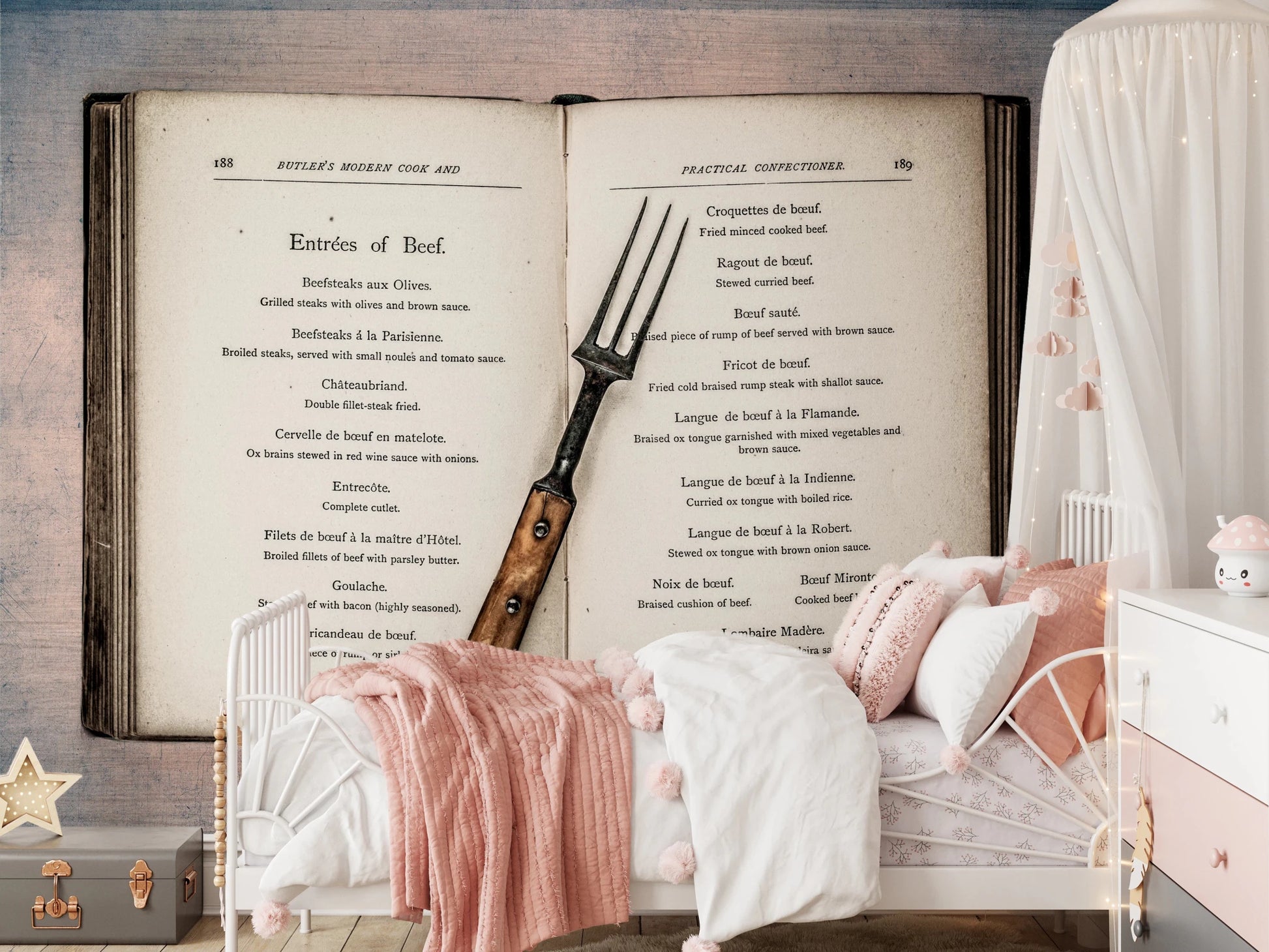 Classic cookbook art wall mural with worn paper texture detail