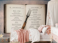 Classic cookbook art wall mural with worn paper texture detail