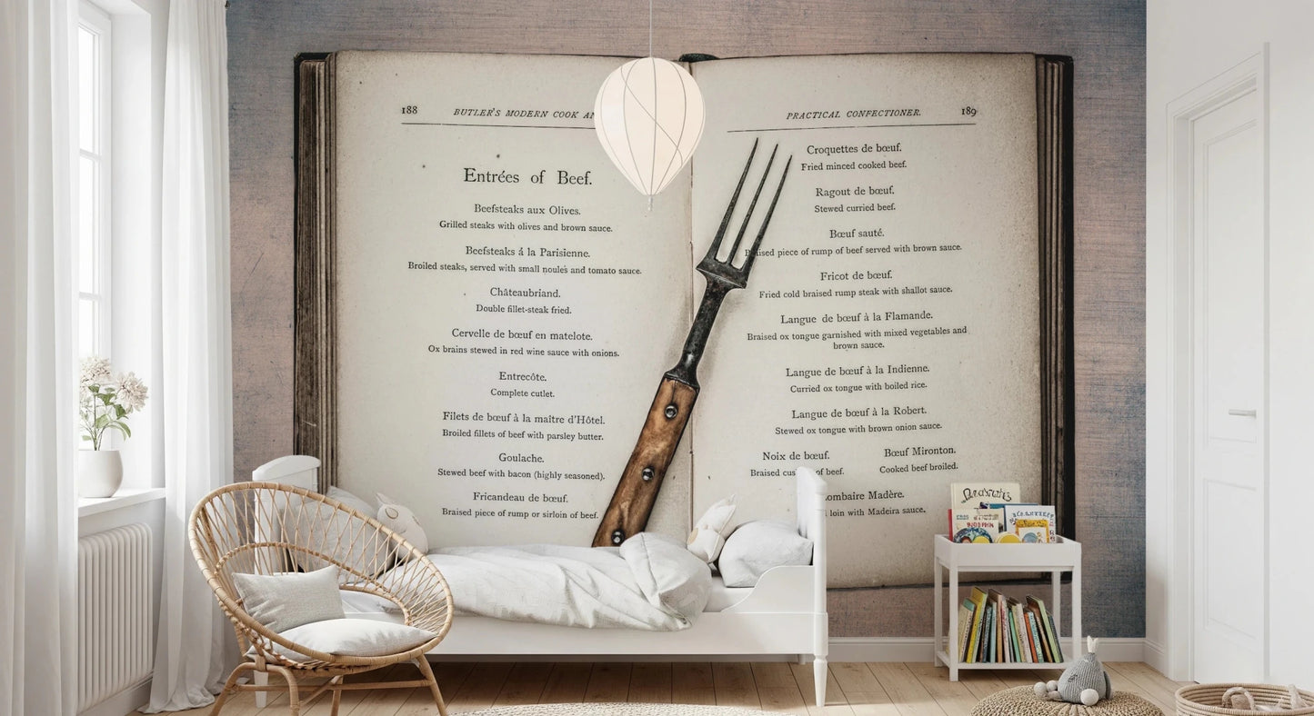 Bedroom with Vintage Cookbook Wall Mural and old recipe artwork