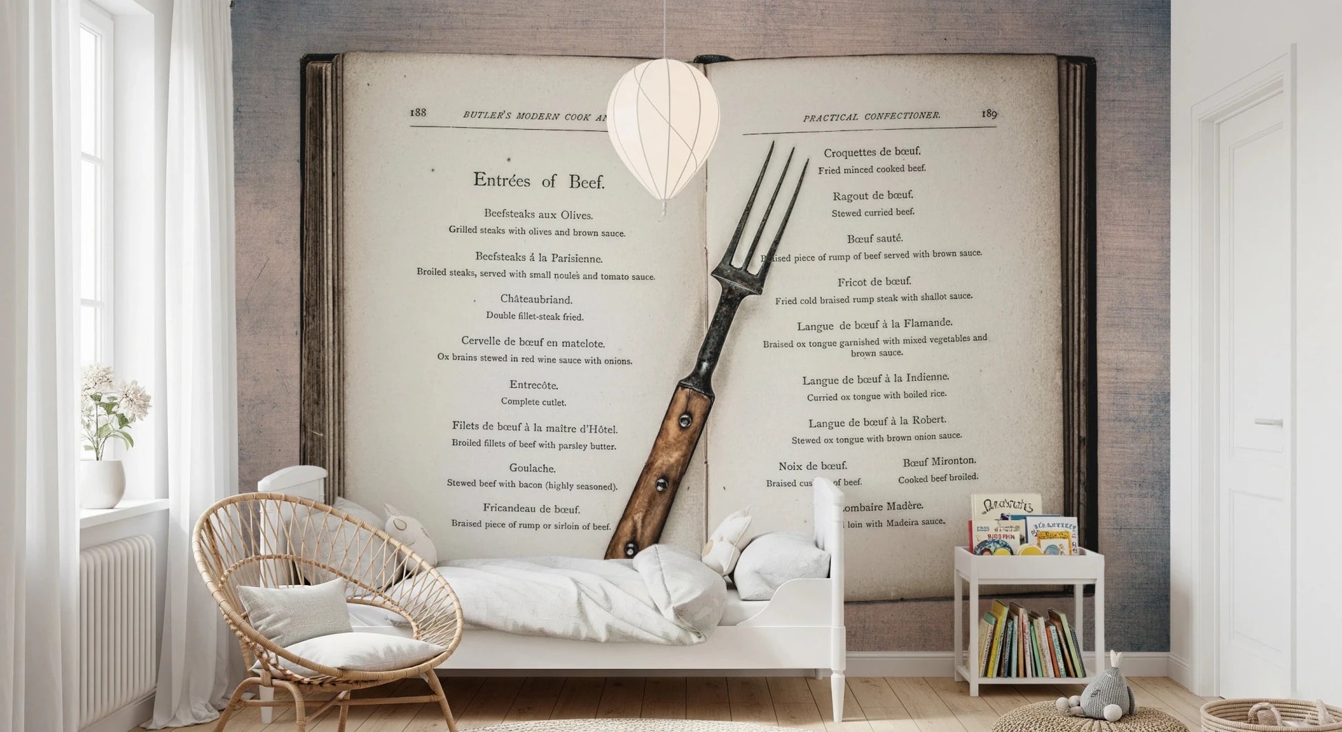 Bedroom with Vintage Cookbook Wall Mural and old recipe artwork