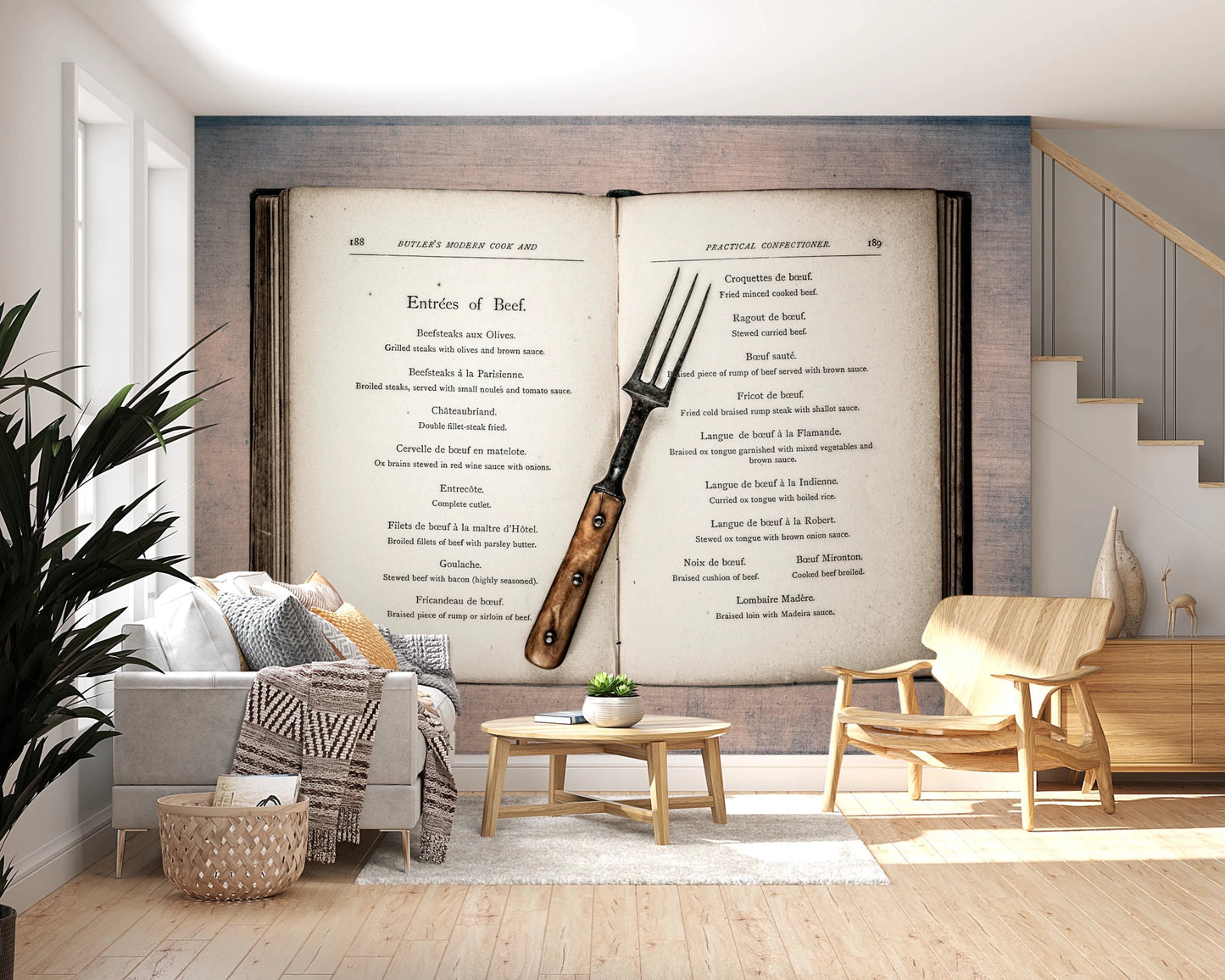 Vintage Cookbook Wall Mural in living room with classic recipe art