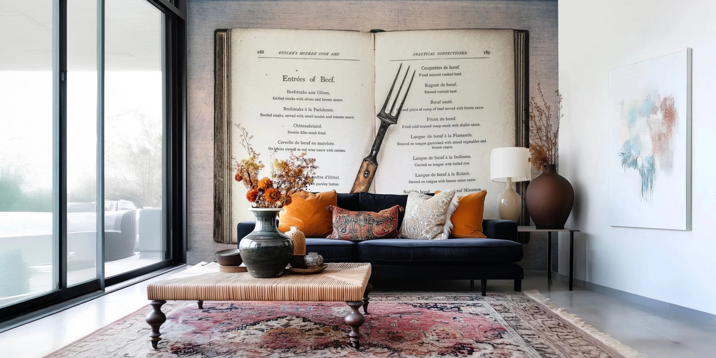 Classic cookbook art wall mural with worn paper texture detail