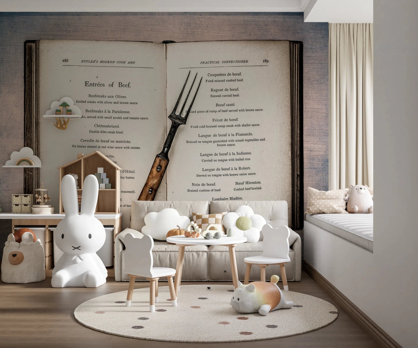 Recipe-inspired Vintage Cookbook Wall Mural in warm neutral tones