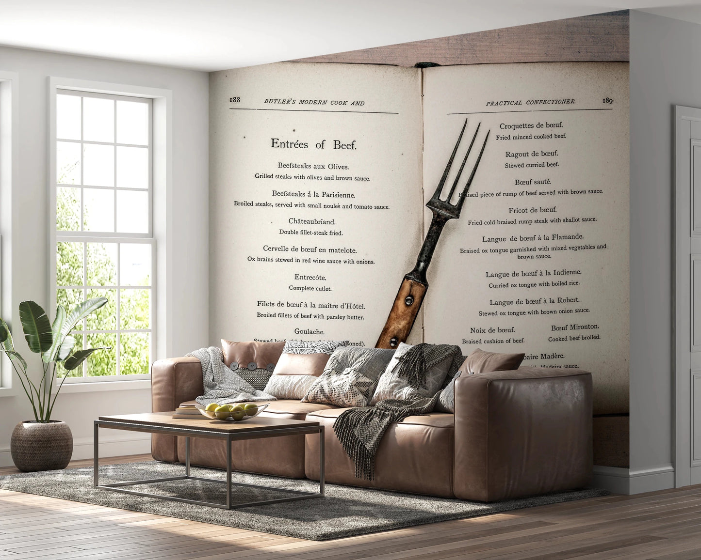 Vintage Cookbook Wall Mural with antique kitchen print detail