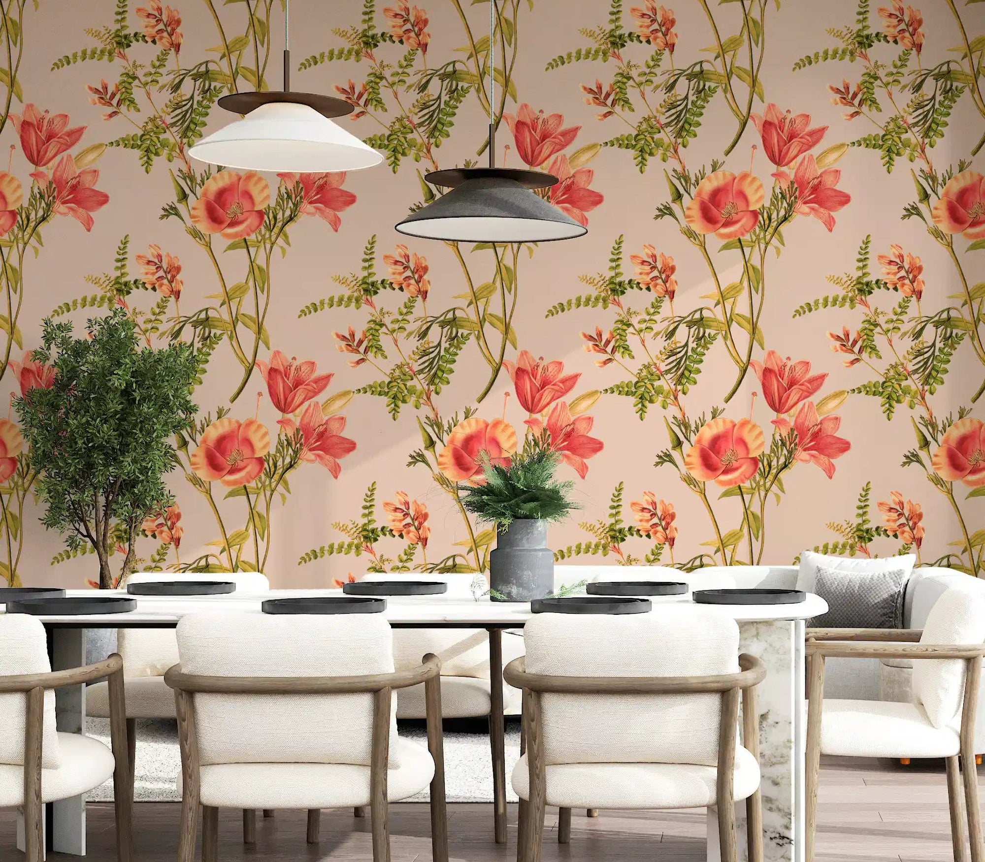 Light floral surface with Vintage Coral Flower Wallpaper and leafy vines, GD9352