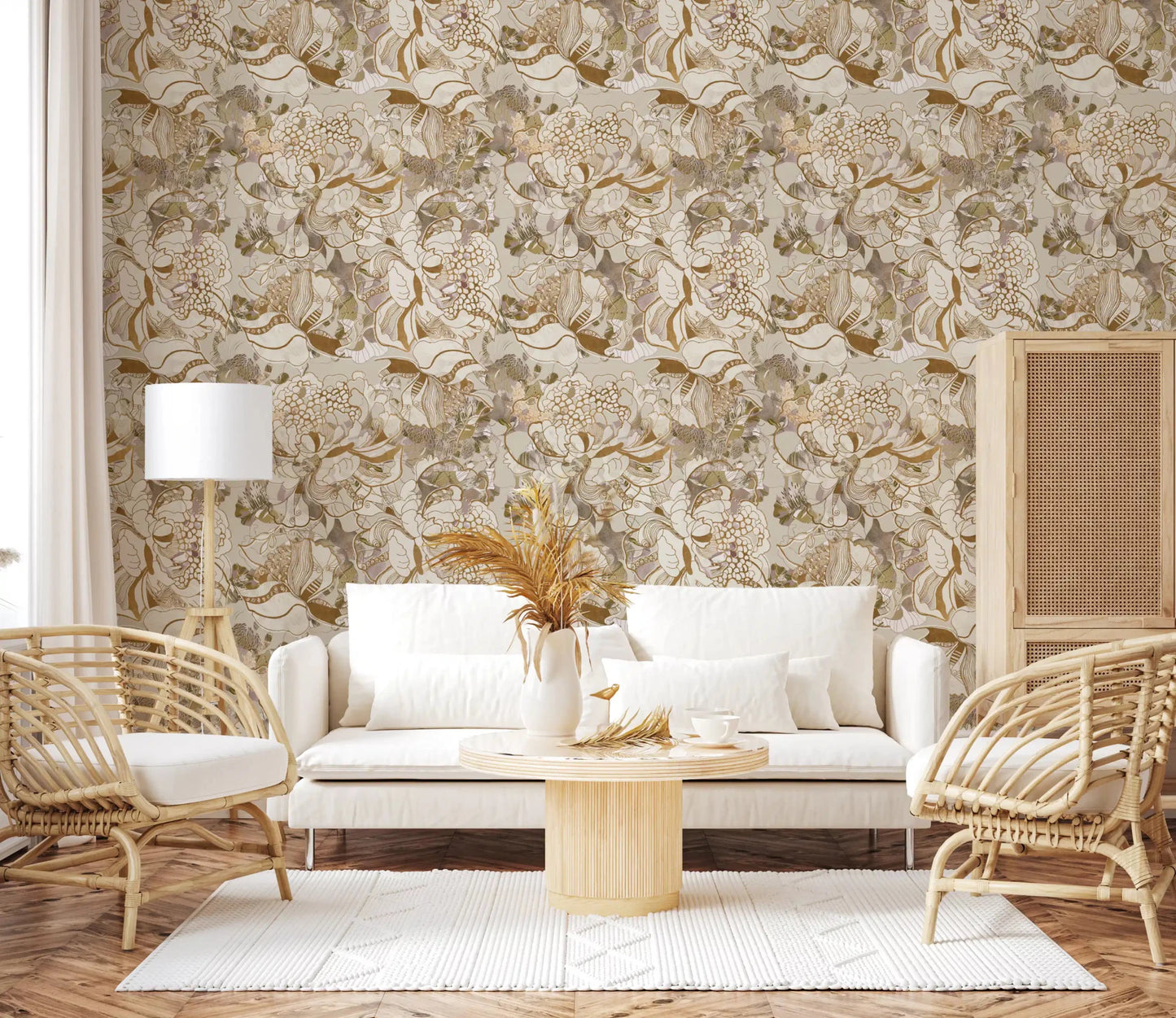 Hallway finished in Vintage Cream Floral wallpaper with warm bloom repeat