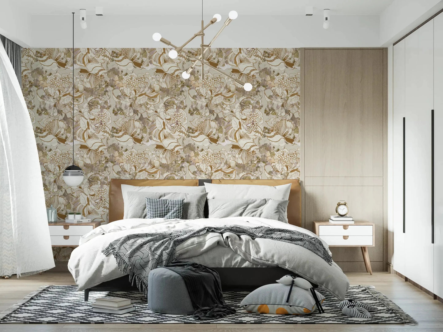 Bedroom styled in Vintage Cream Floral wallpaper with soft leaf detail