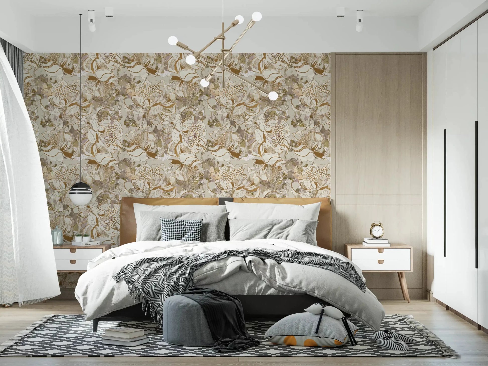 Bedroom styled in Vintage Cream Floral wallpaper with soft leaf detail