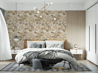 Bedroom styled in Vintage Cream Floral wallpaper with soft leaf detail