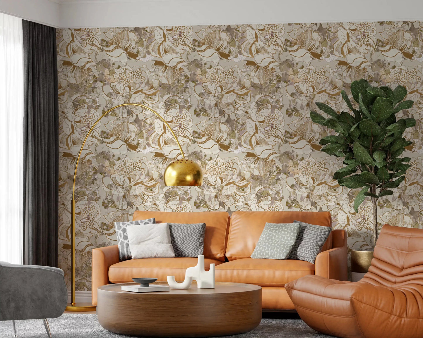 Office wall showing Vintage Cream Floral wallpaper in a neutral pattern