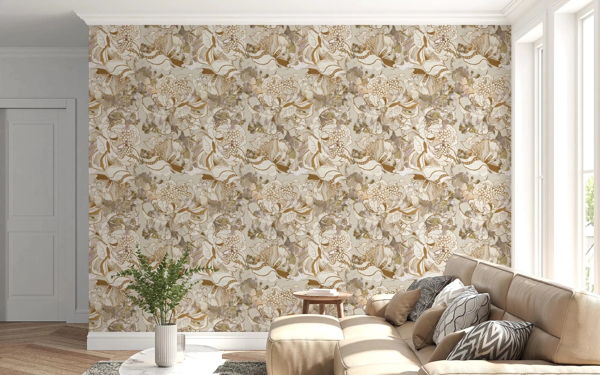 Cream blossom detailing enriches Vintage Cream Floral wallpaper softly