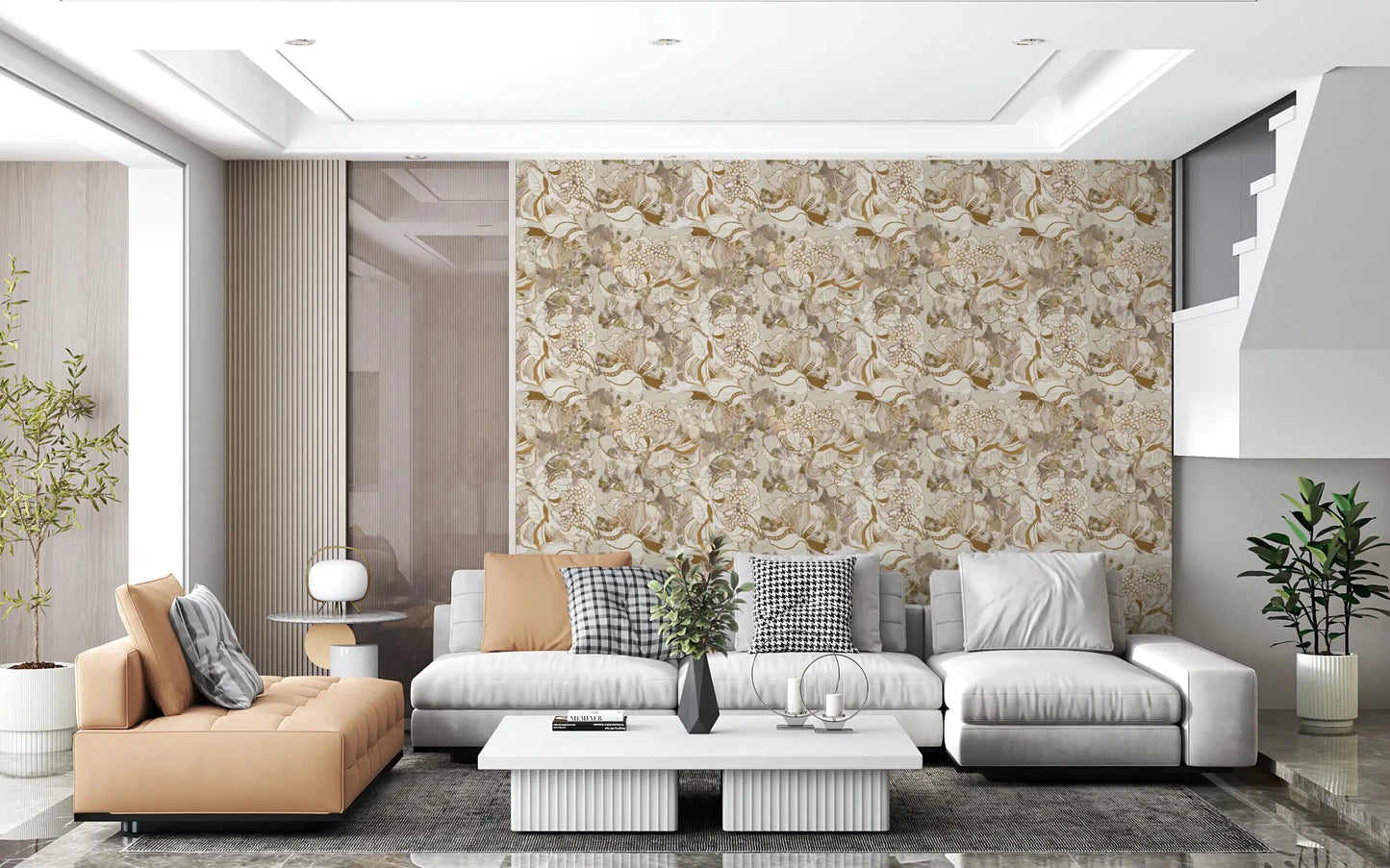 Living room with Vintage Cream Floral wallpaper and layered ivory blooms