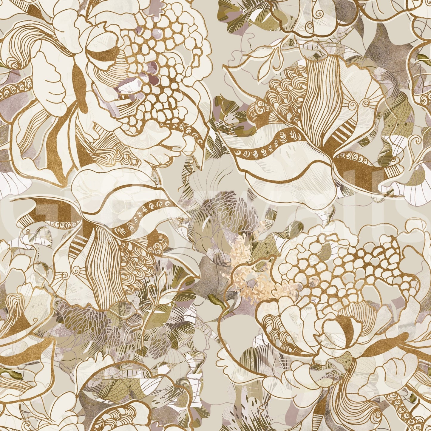 Fine leaf accents run across Vintage Cream Floral wallpaper elegantly