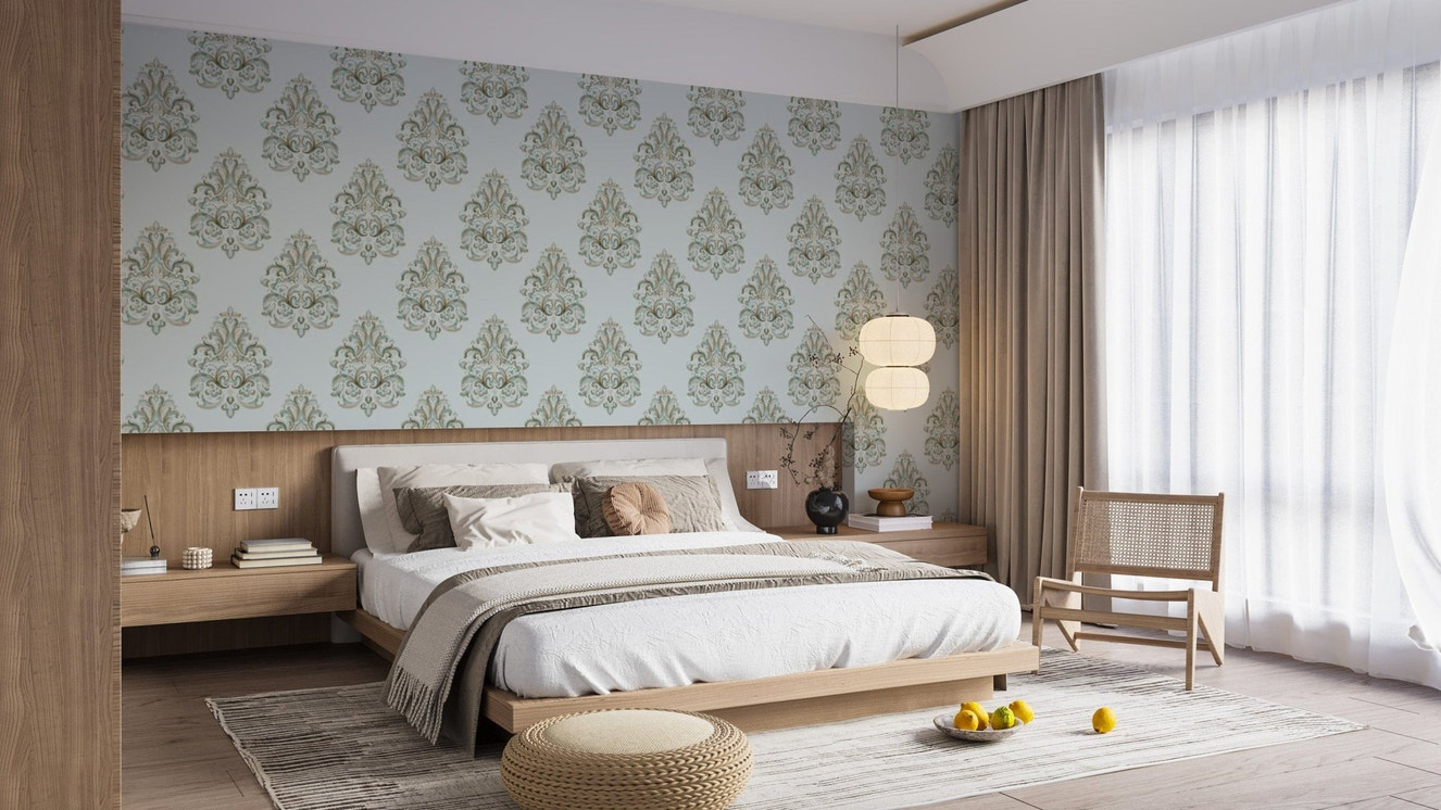 Sophisticated vintage damask wallpaper in a rich green hue.