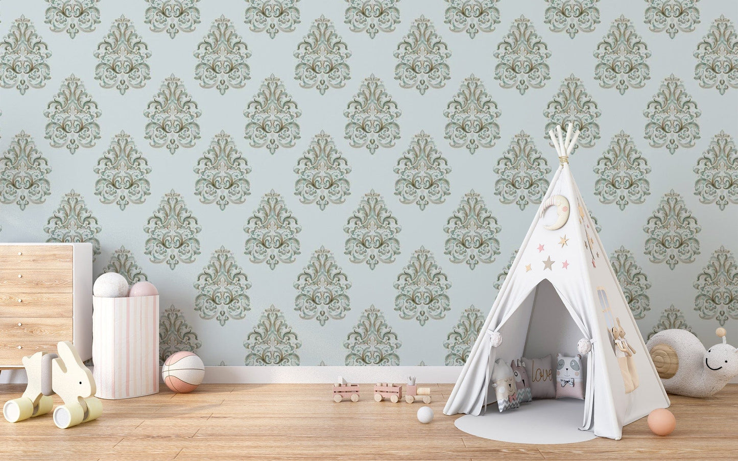 Classic green damask wallpaper mural with intricate patterns.