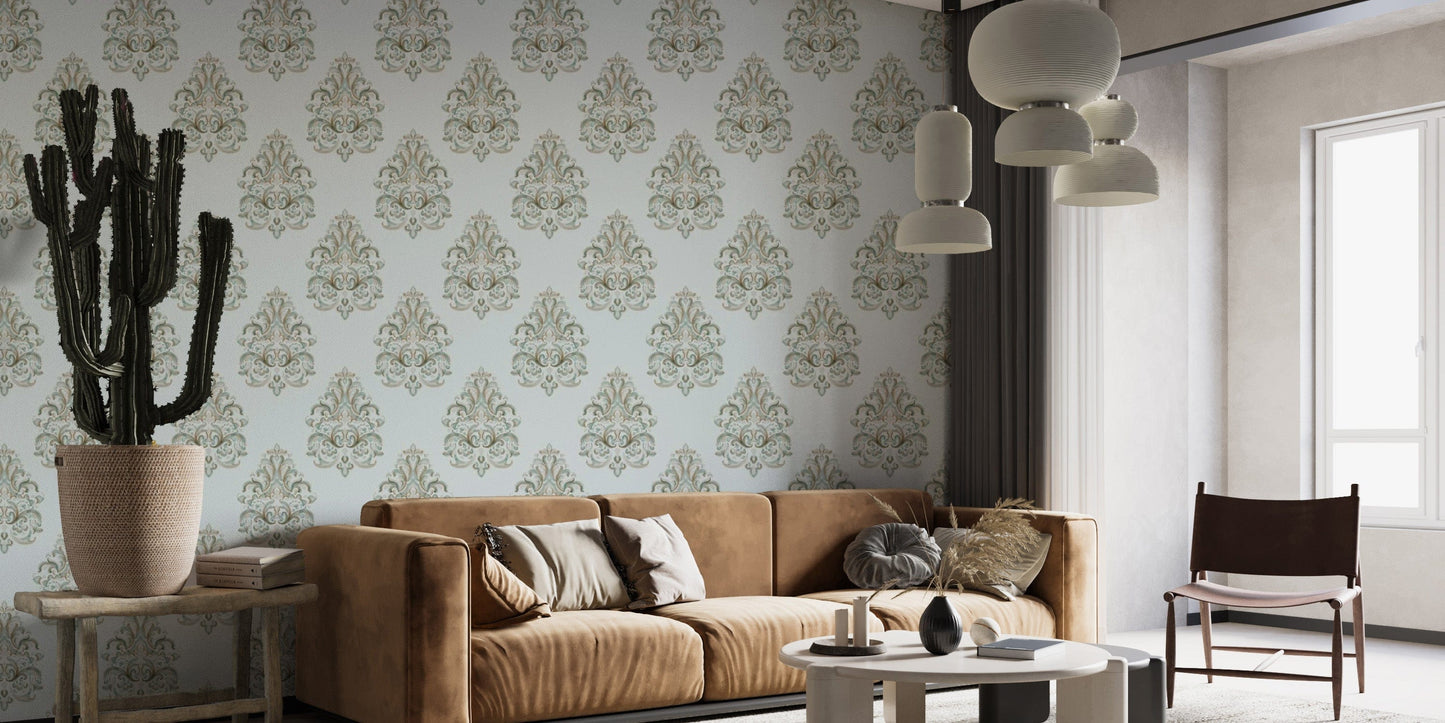Elegant vintage damask wallpaper mural in lush green tones.