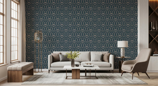 Vintage DARK BLUE DAMASK Wallpaper with pink floral patterns for bedroom walls
