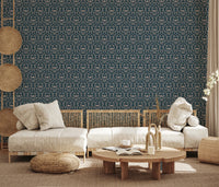 Classic damask wall mural in navy and pink for elegant living rooms
