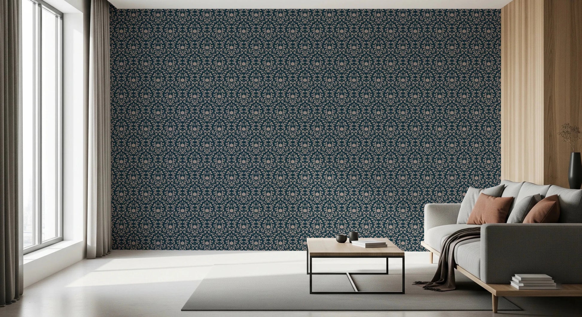 Vintage DARK BLUE DAMASK Wallpaper for modern apartment living areas