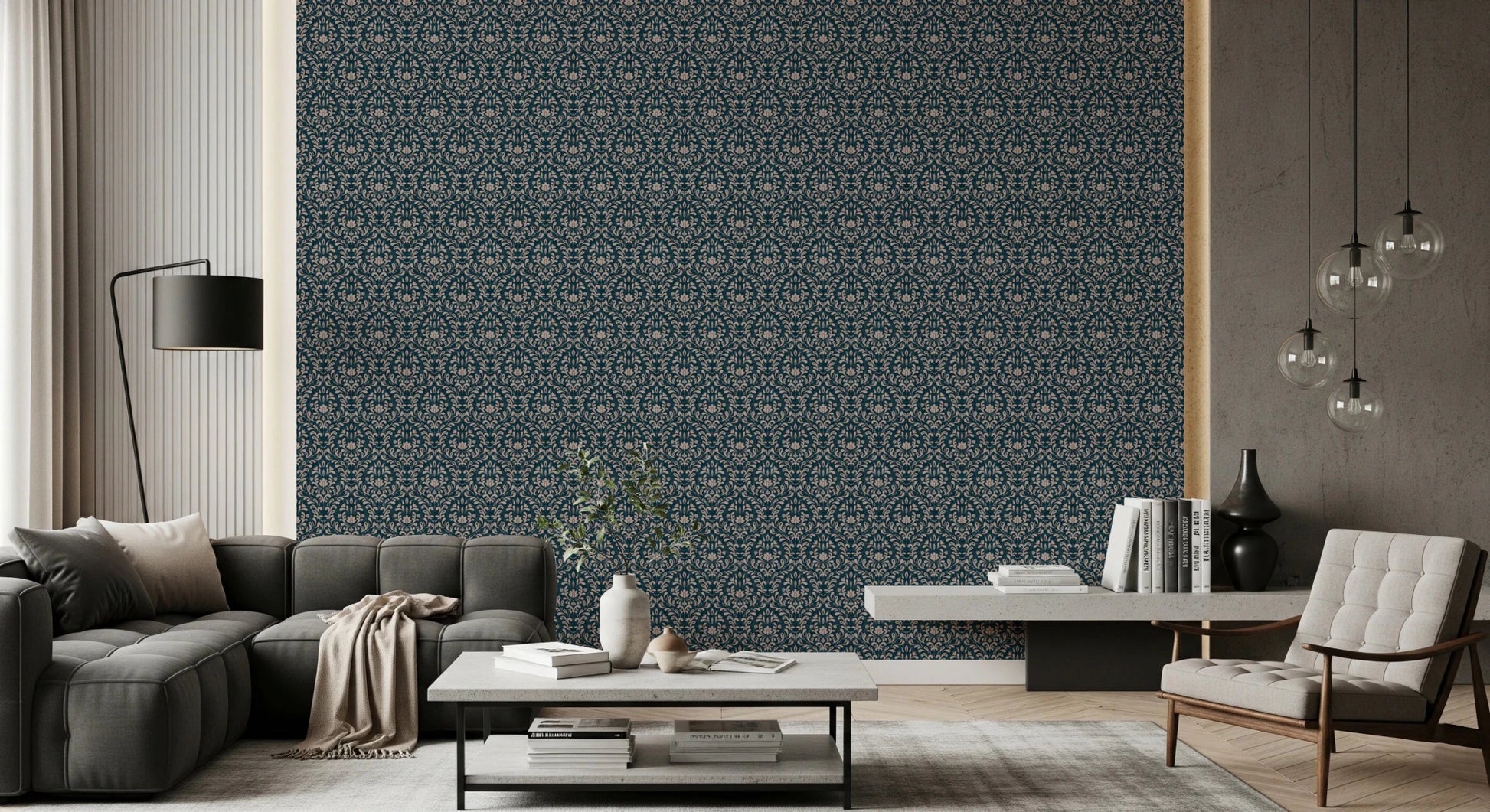 Detailed dark blue wallpaper featuring a repeating vintage damask design