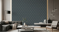 Detailed dark blue wallpaper featuring a repeating vintage damask design