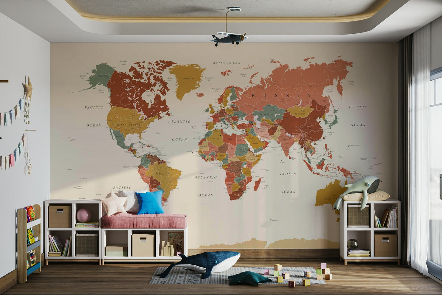 Earth tone mural wallpaper with global layout
